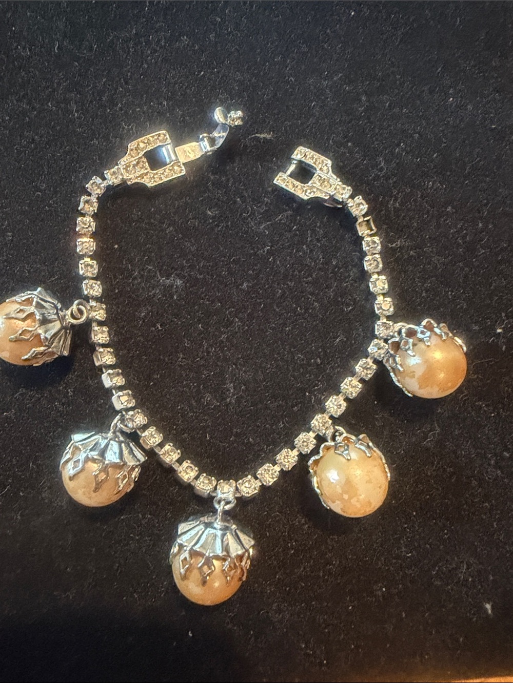 Vintage Silver Tone rhinestone Charm Bracelet with beige pear Drops - Unbranded